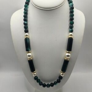 Vintage Green Faux Malachite Beaded Necklace with Faux Pearls and Gold Tone